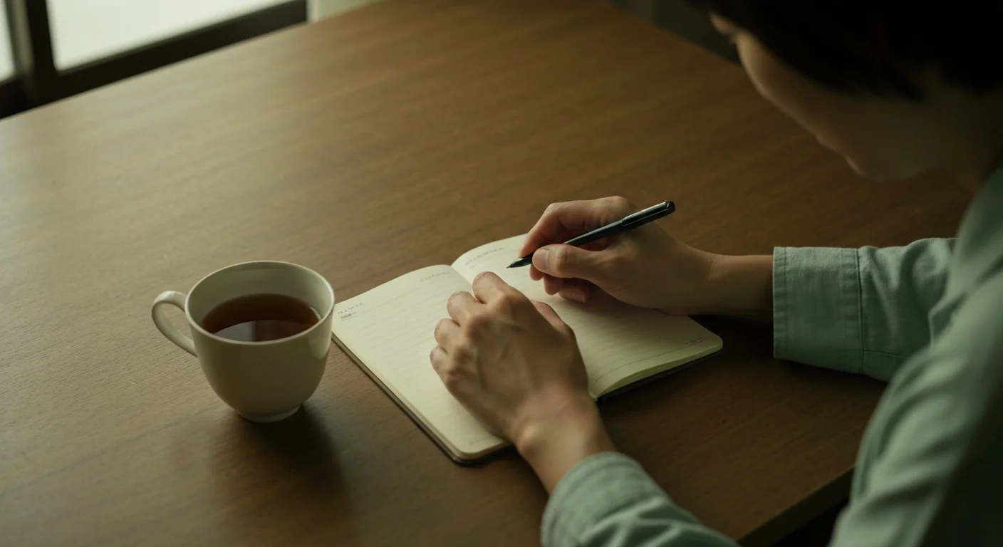 机の上のノートに書き込む手元